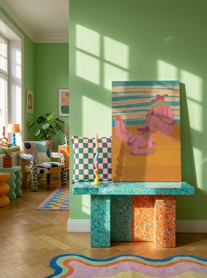 Stretched canvas wall art standing on a side table in a colourful eclectic living room