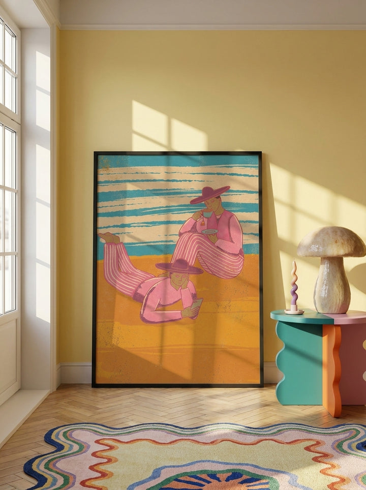 Oversized statement modern wall art print leaning against the wall in a colourful eclectic living room