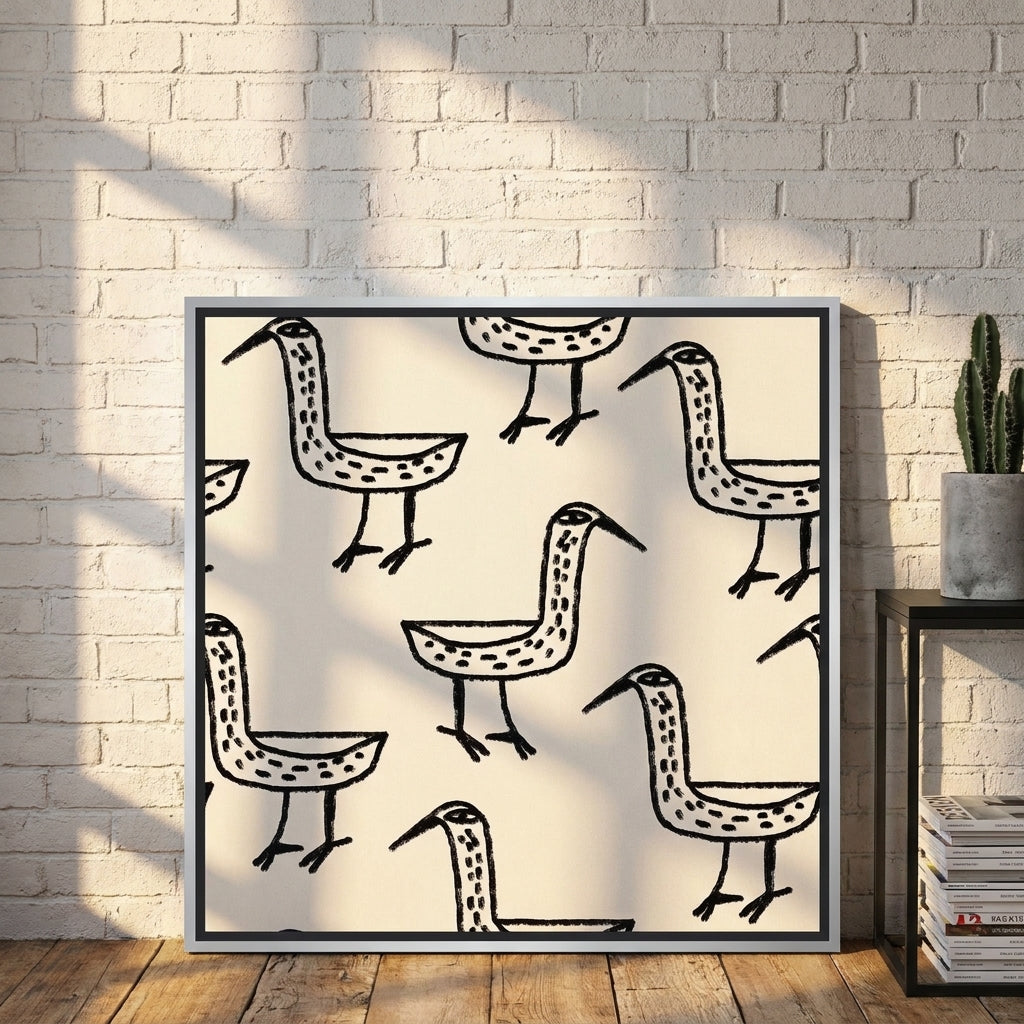 Canvas wall art with a silver leaf surround leaning against the wall in an industrial loft home office