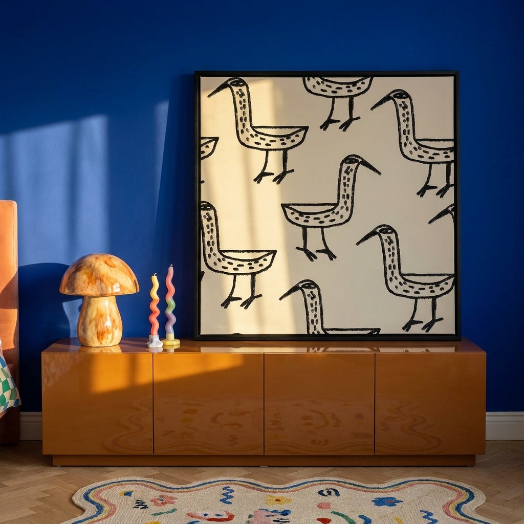 Canvas wall art with a black surround standing on a sideboard in a colourful eclectic bedroom