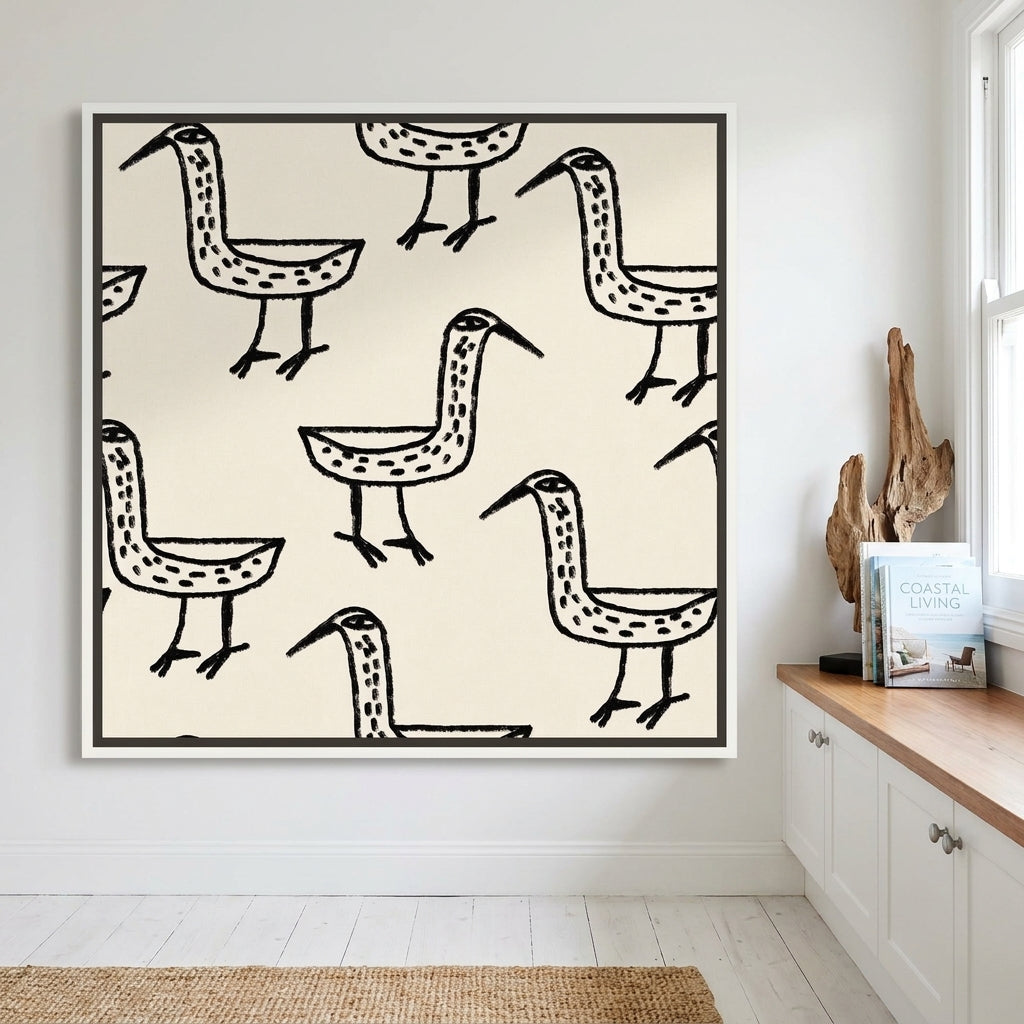 Canvas wall art with a white surround styled on the wall in a coastal kitchen