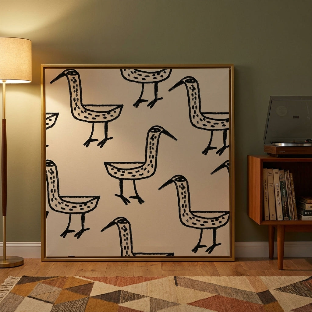 Oversized statement canvas wall art with a gold leaf surround leaning against the wall in a mid-century dining room