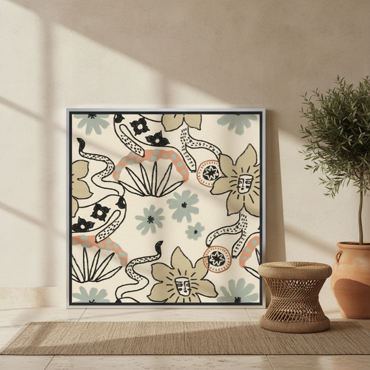 Canvas wall art with a silver leaf surround leaning against the wall in a Mediterranean bedroom