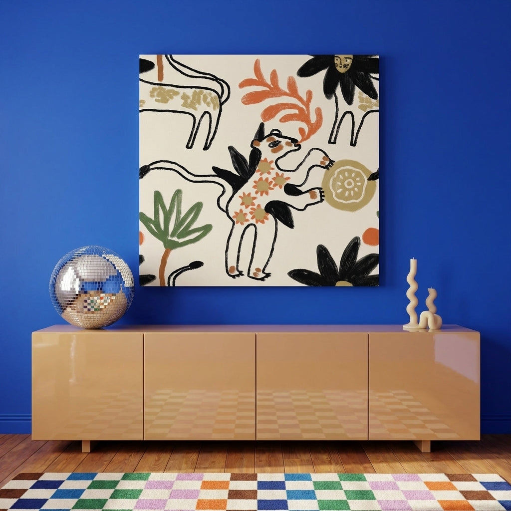 Stretched canvas wall art styled on the wall in a colourful eclectic living room
