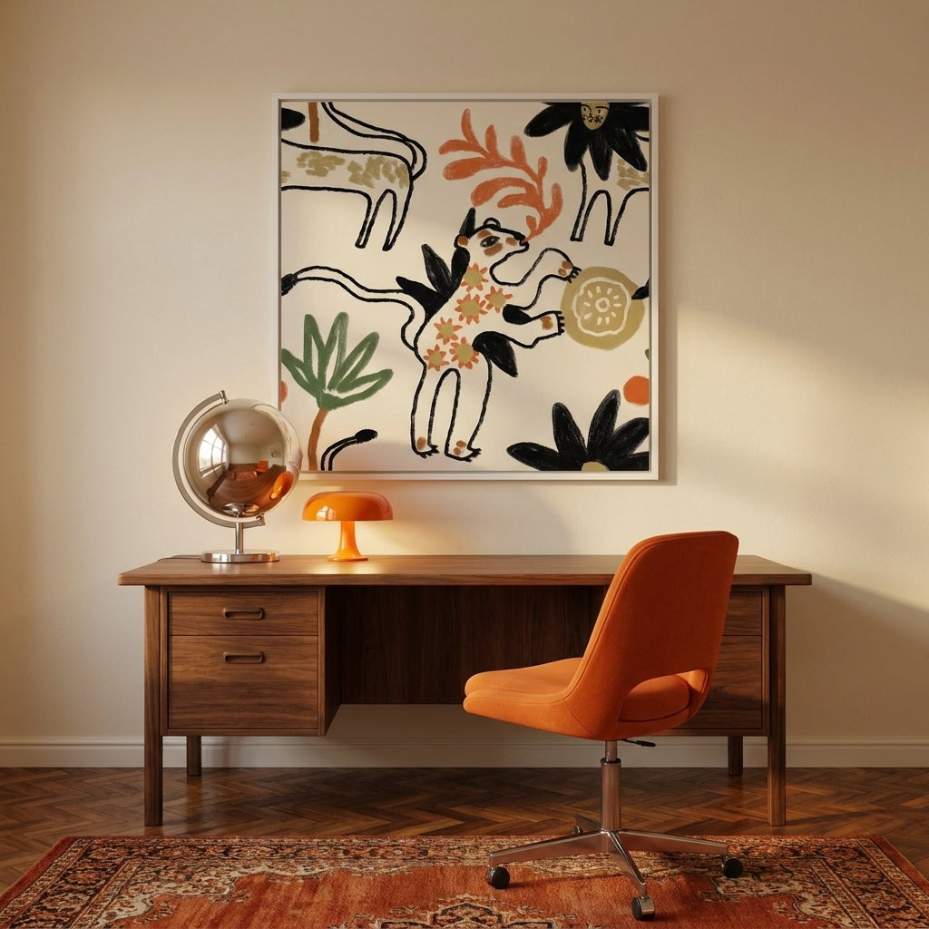 Canvas wall art with a white surround styled on the wall in a retro 70s home office