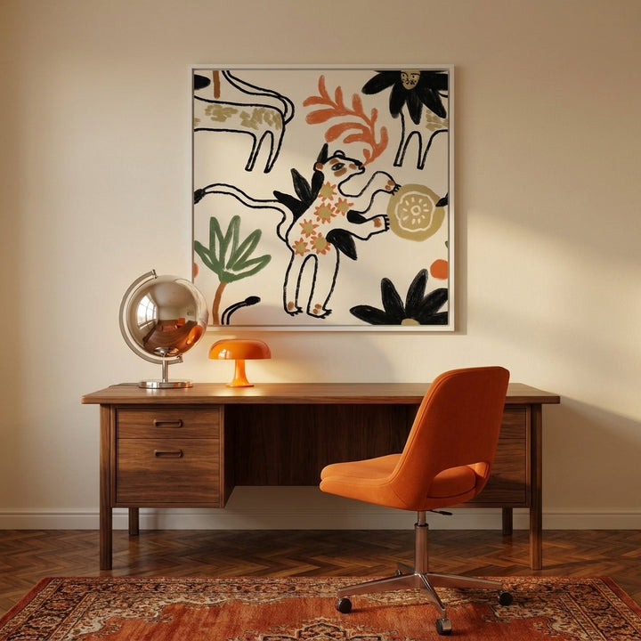 Canvas wall art with a white surround styled on the wall in a retro 70s home office