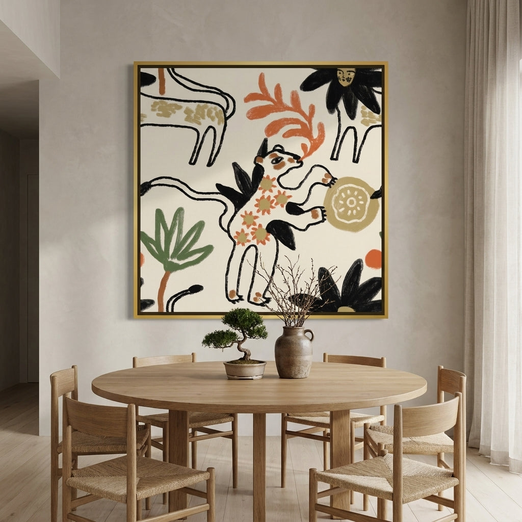 Oversized statement canvas wall art with a gold leaf surround styled on the wall in a warm Japandi dining room