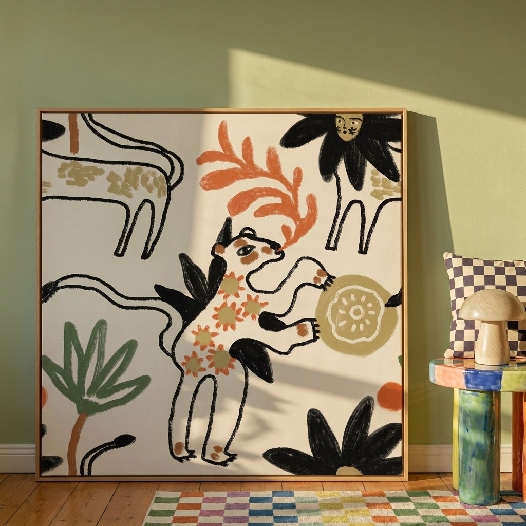 Oversized statement canvas wall art with a natural timber surround leaning against the wall in a colourful eclectic dining room
