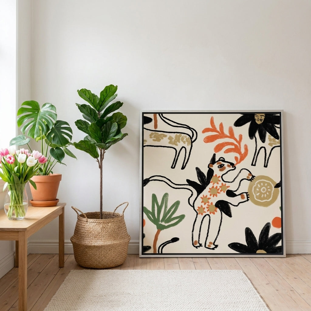 Canvas wall art with a silver leaf surround leaning against the wall in a bright Scandinavian nursery