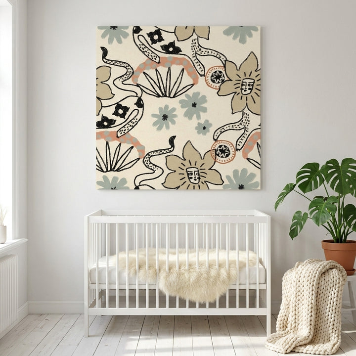 Stretched canvas wall art styled on the wall in a bright Scandinavian nursery