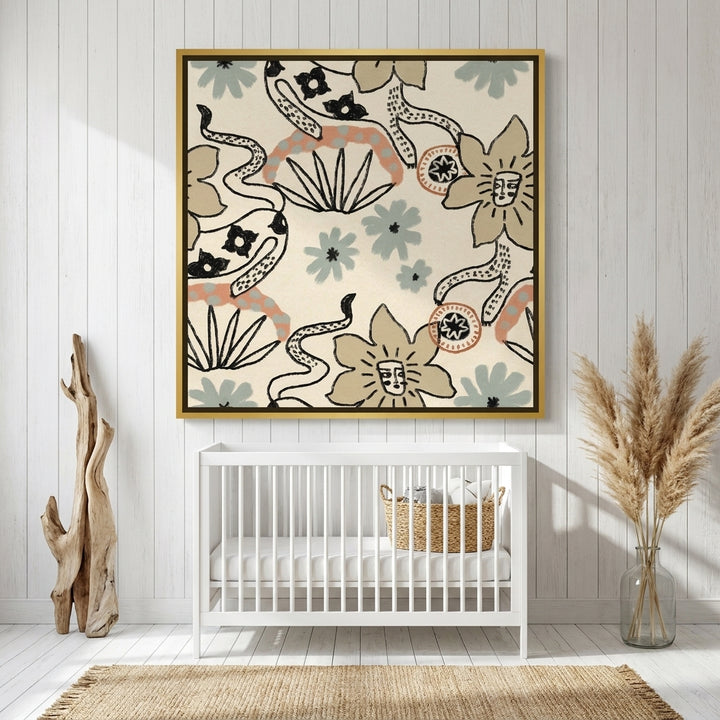 Oversized statement canvas wall art with a gold leaf surround styled on the wall in a coastal nursery