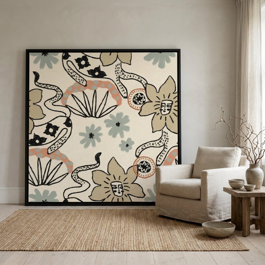 Oversized statement canvas wall art with a black surround leaning against the wall in a warm Japandi living room
