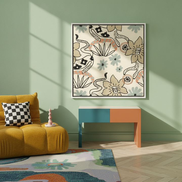 Canvas wall art with a white surround standing on a side table in a colourful eclectic living room