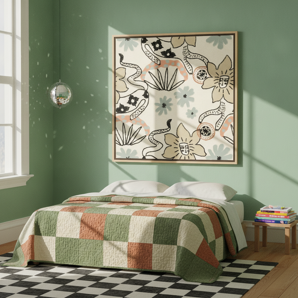 Canvas wall art with a natural timber surround styled on the wall in a colourful eclectic bedroom