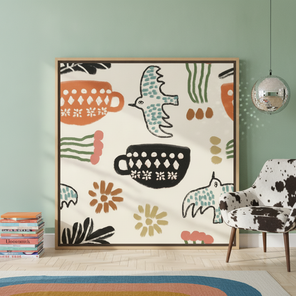 Oversized statement canvas wall art with a natural timber surround leaning against the wall in a colourful eclectic dining room