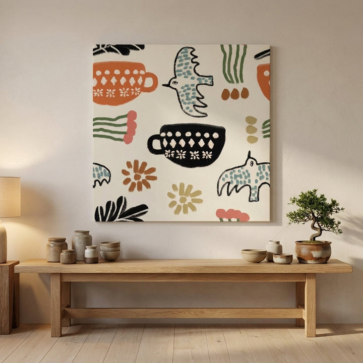 Stretched canvas wall art styled on the wall in a warm Japandi kitchen