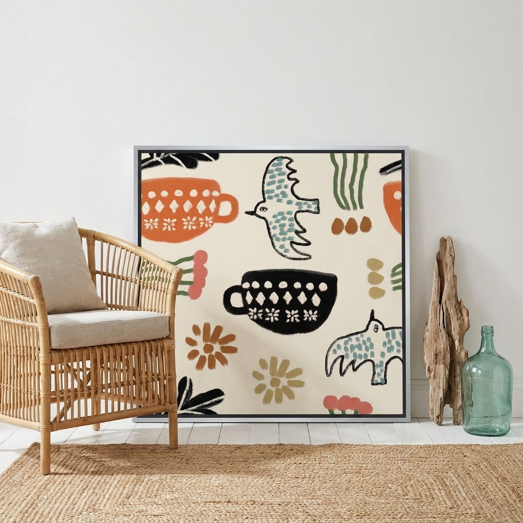 Canvas wall art with a silver leaf surround leaning against the wall in a coastal dining room
