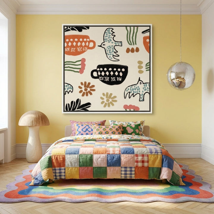 Oversized statement canvas wall art with a white surround styled on the wall in a colourful eclectic bedroom