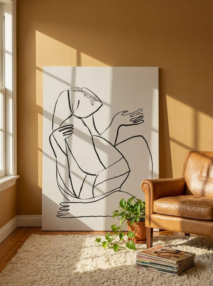 Stretched canvas wall art leaning against the wall in a retro 70s living room