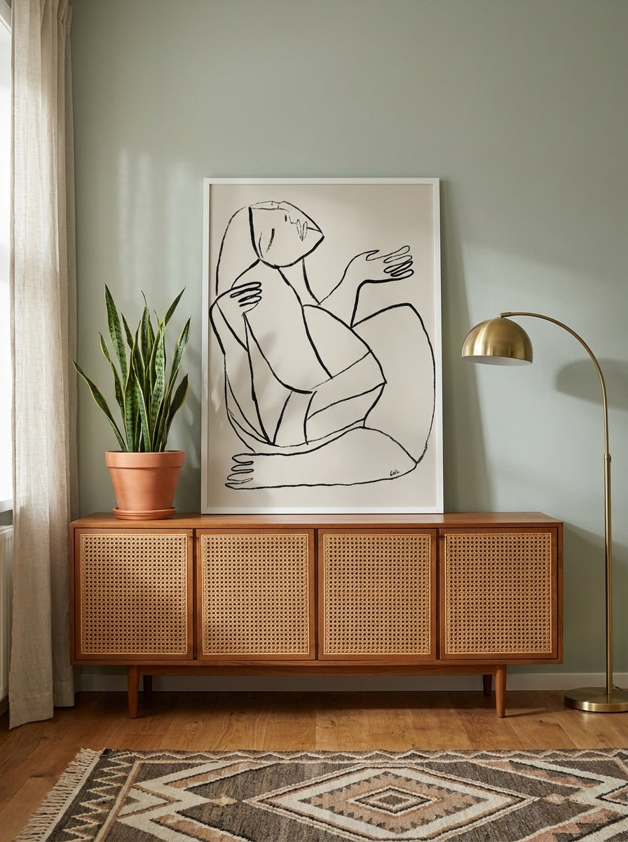 Modern wall art print standing on a sideboard in a mid-century home office