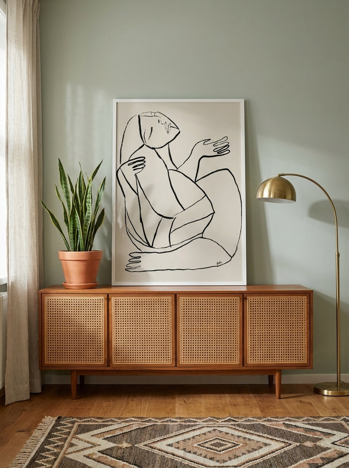 Modern wall art print standing on a sideboard in a mid-century home office
