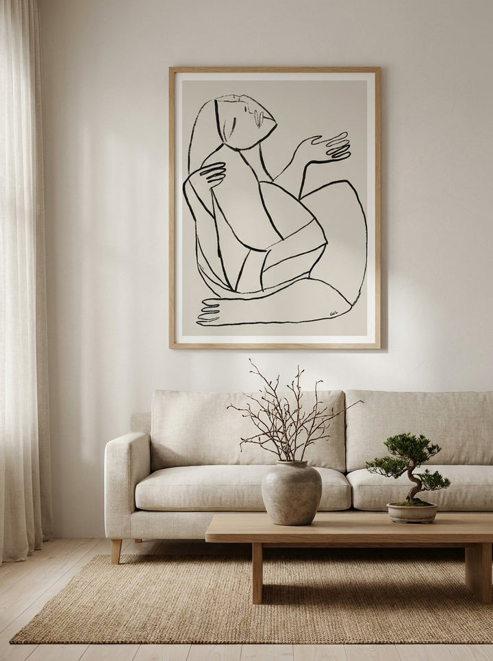 Modern wall art print styled on the wall in a warm Japandi living room
