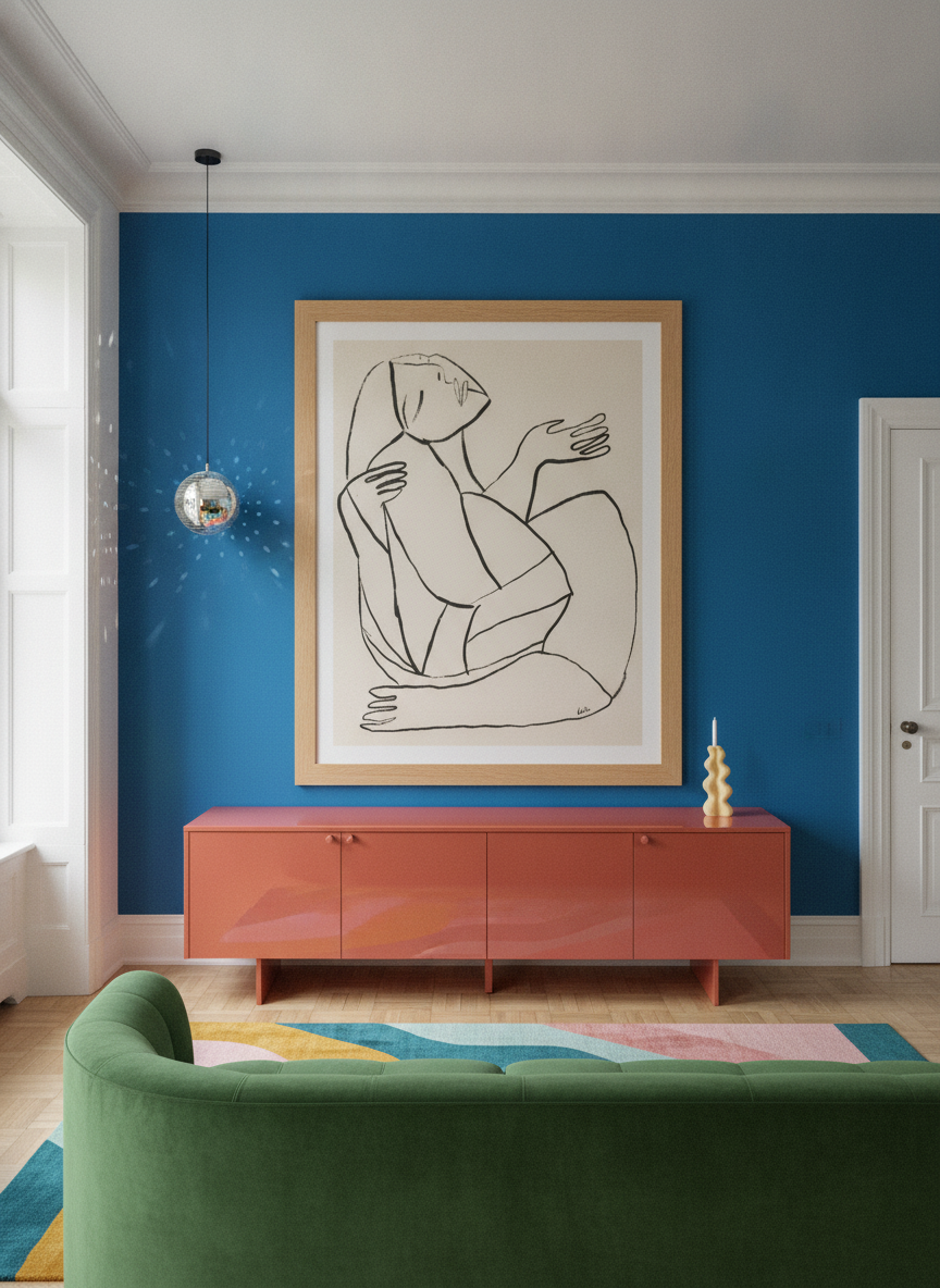 Oversized statement modern wall art print styled on the wall in a colourful eclectic living room