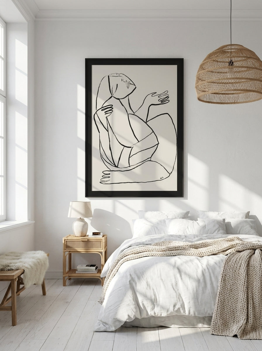 Oversized statement modern wall art print styled on the wall in a bright Scandinavian bedroom