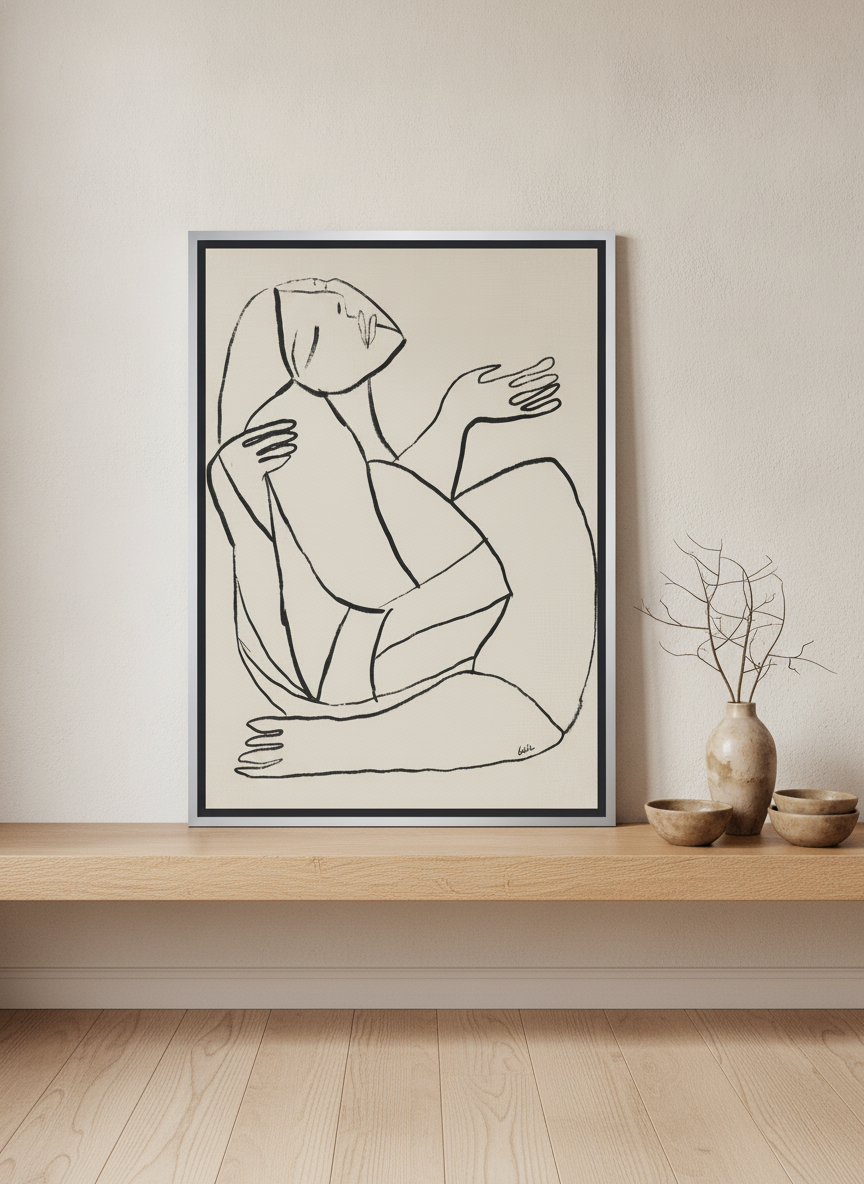 Canvas wall art with a silver leaf surround standing on a shelf in a warm Japandi home office