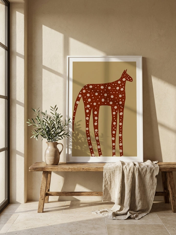 Modern wall art print standing on a bench in a Mediterranean bedroom