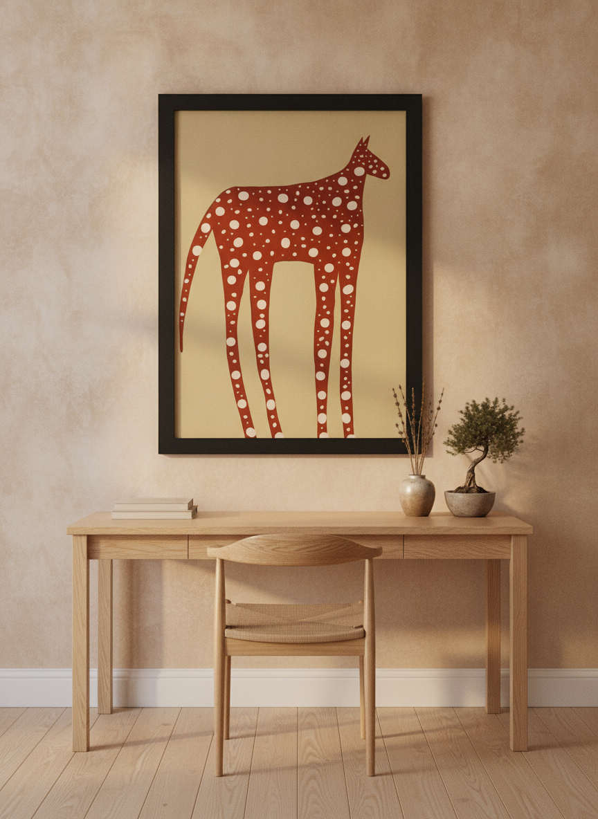 Modern wall art print styled on the wall in a warm Japandi home office