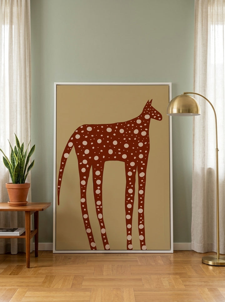 Oversized statement modern wall art print leaning against the wall in a mid-century living room
