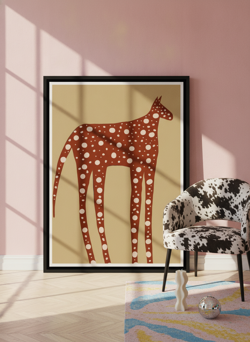 Oversized statement canvas wall art with a black surround leaning against the wall in a colourful eclectic dining room
