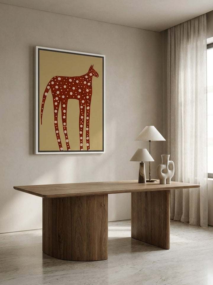 Canvas wall art with a white surround styled on the wall in a luxe home office
