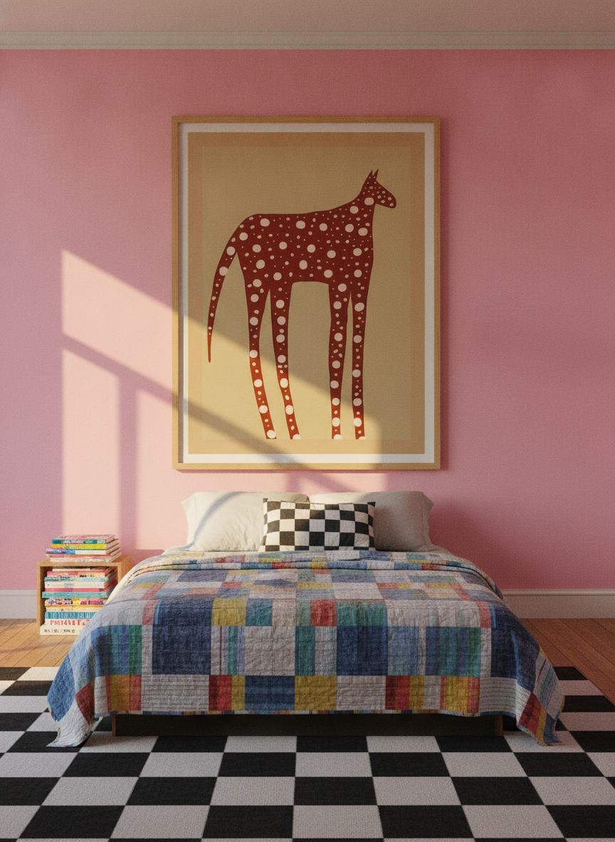 Oversized statement modern wall art print styled on the wall in a colourful eclectic bedroom