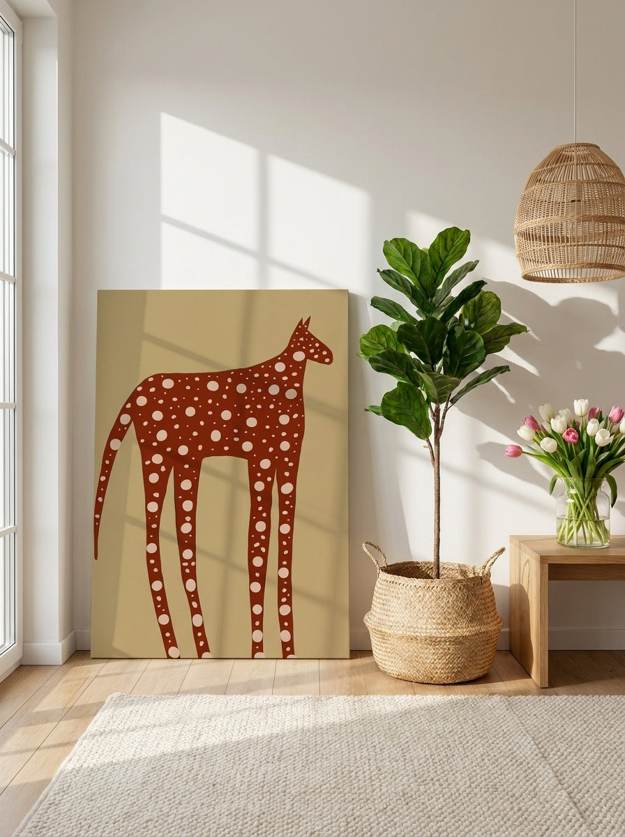 Stretched canvas wall art leaning against the wall in a bright Scandinavian nursery