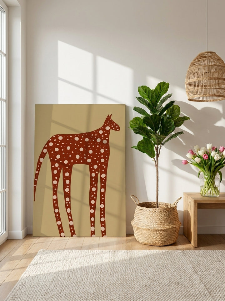 Stretched canvas wall art leaning against the wall in a bright Scandinavian nursery