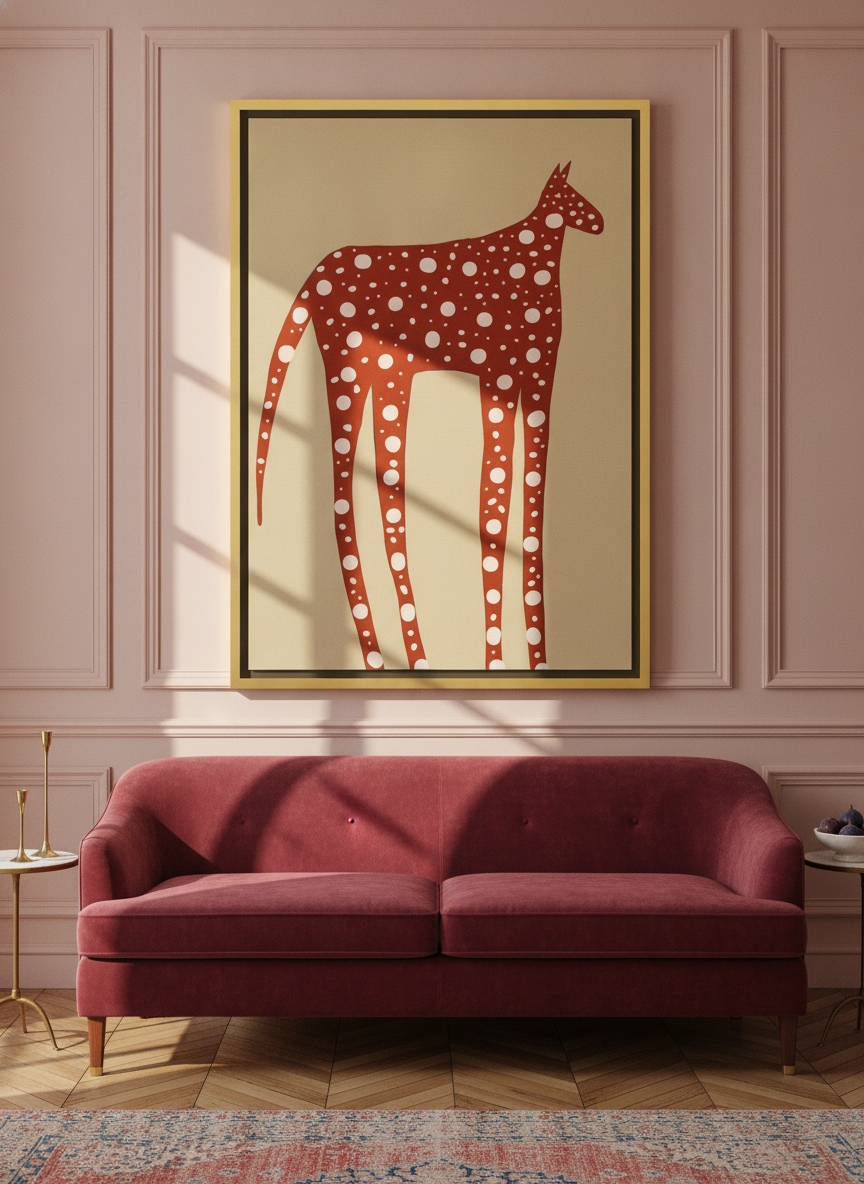 Oversized statement canvas wall art with a gold leaf surround styled on the wall in a Parisian living room