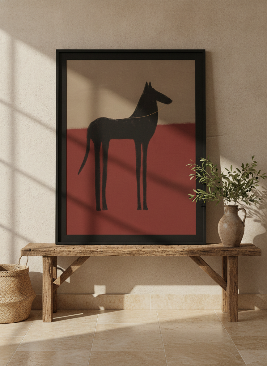 Modern wall art print standing on a bench in a Mediterranean living room