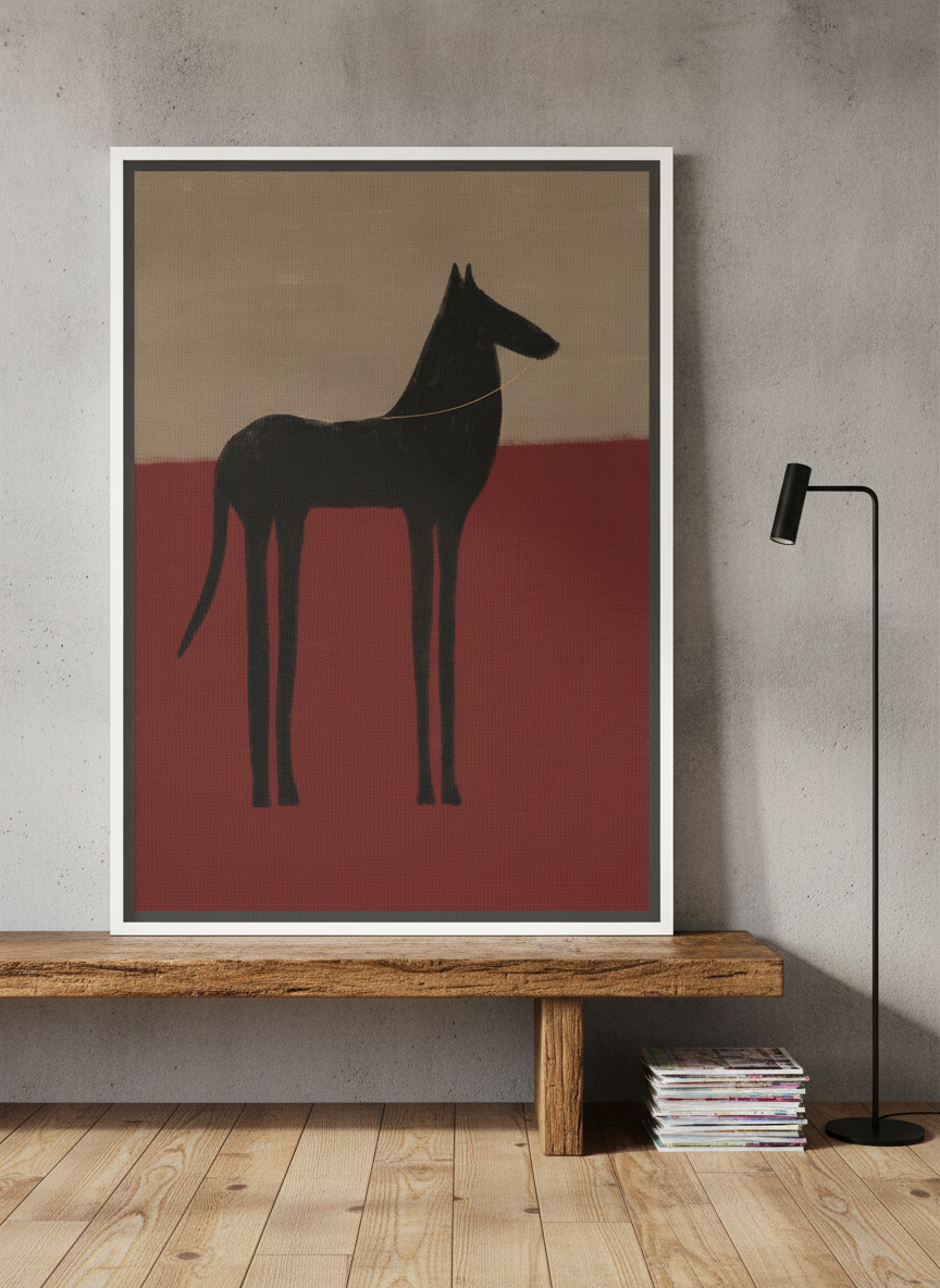 Canvas wall art with a white surround standing on a bench in an industrial loft home office