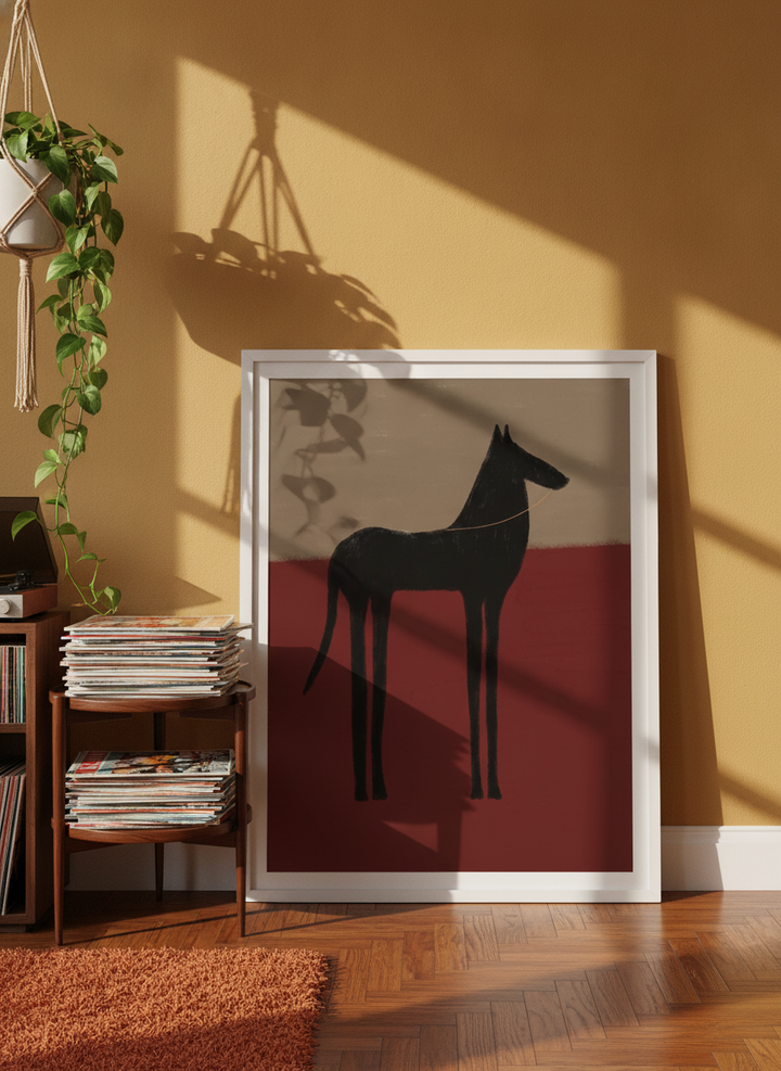 Modern wall art print leaning against the wall in a retro 70s home office