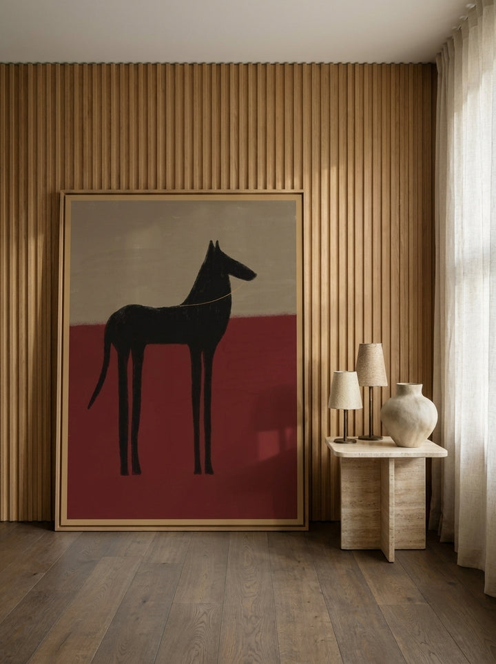 Oversized statement modern wall art print leaning against the wall in a luxe bedroom