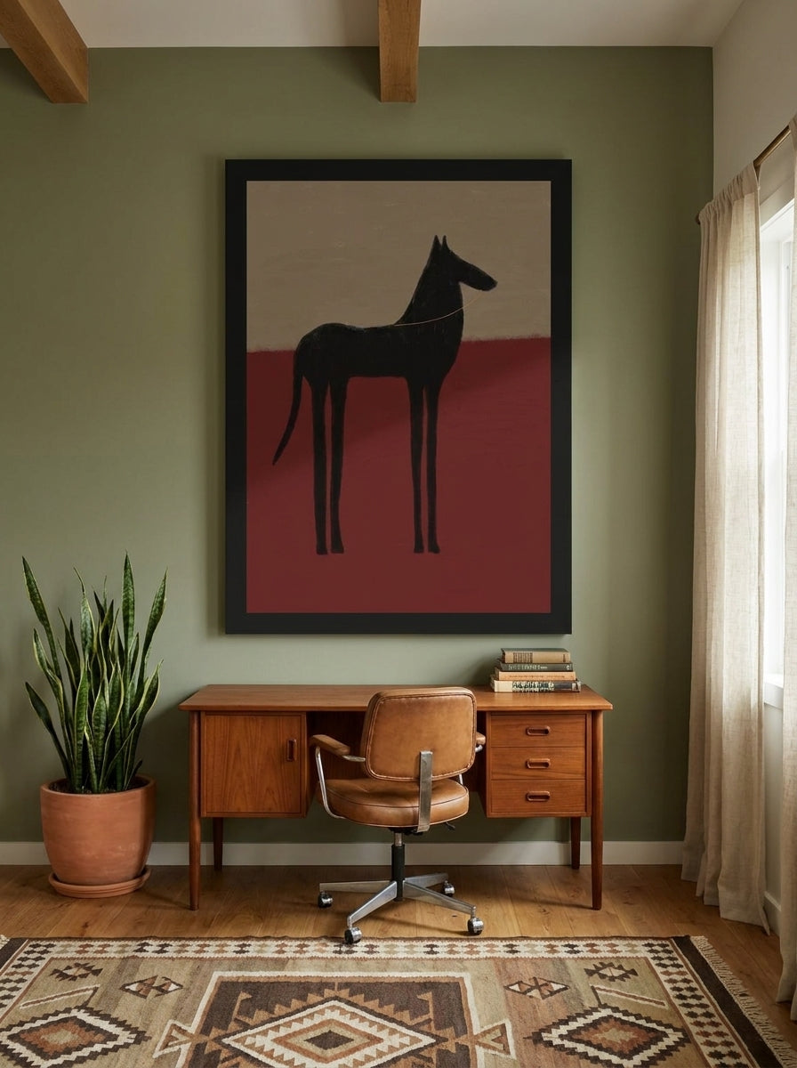 Oversized statement modern wall art print styled on the wall in a mid-century home office