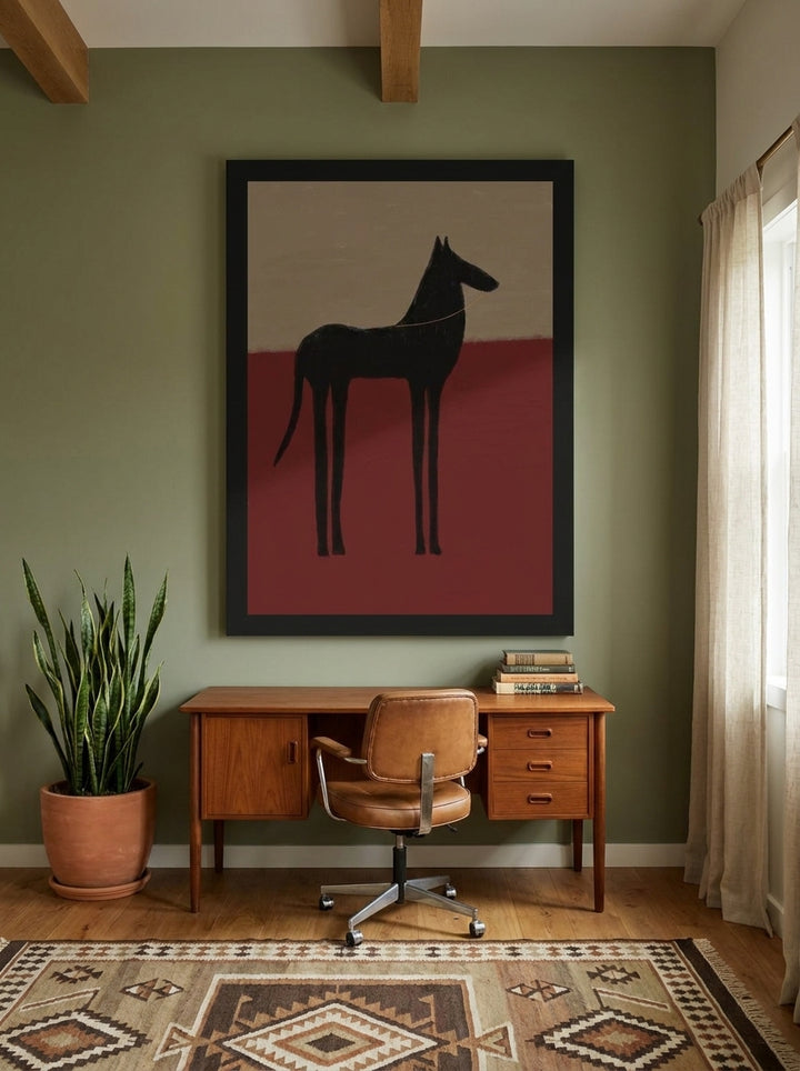 Oversized statement modern wall art print styled on the wall in a mid-century home office