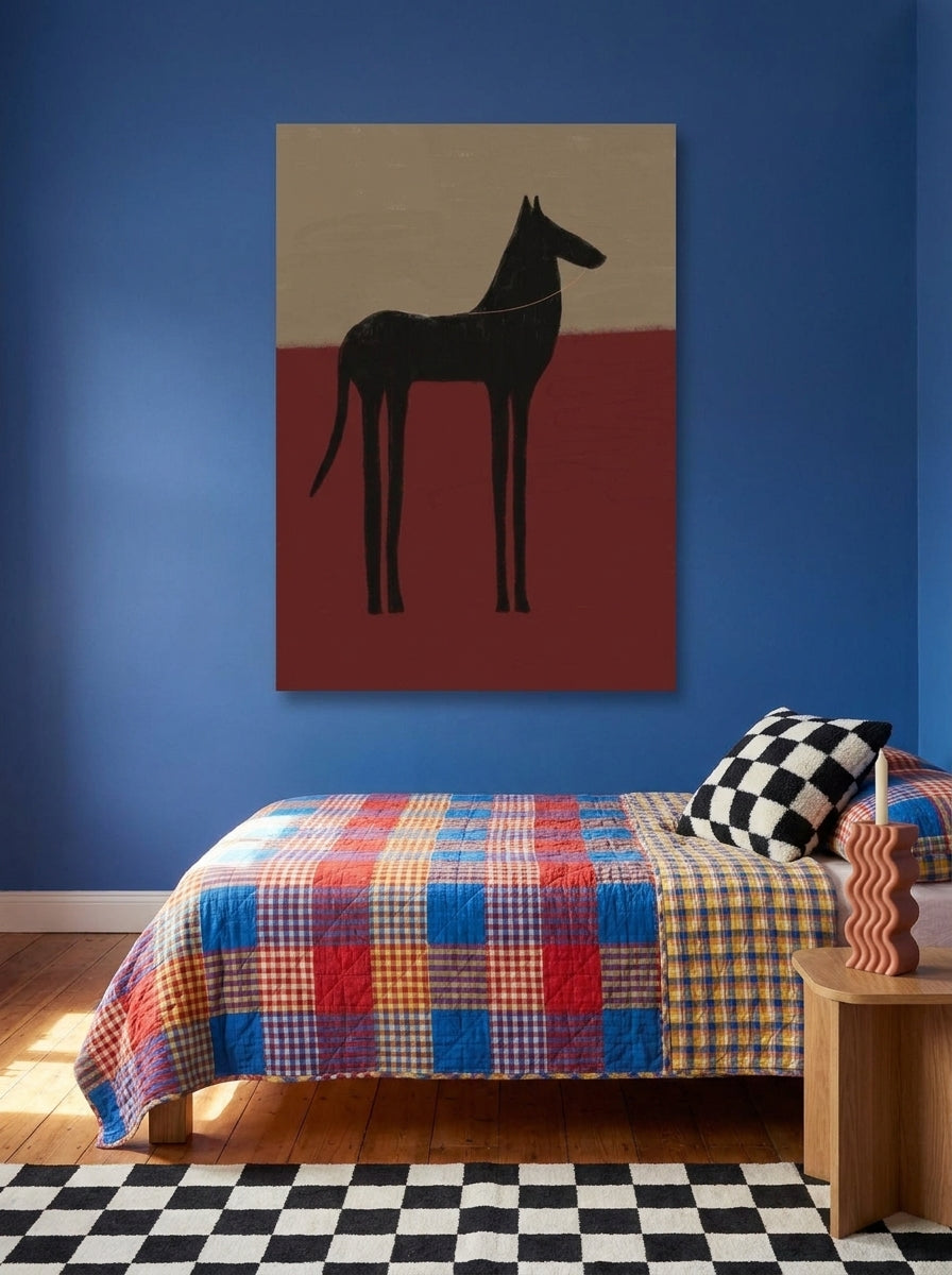 Stretched canvas wall art styled on the wall in a colourful eclectic bedroom
