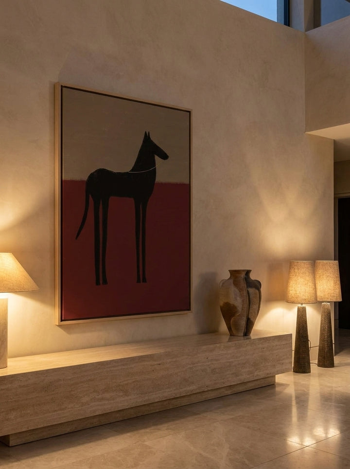 Oversized statement canvas wall art with a natural timber surround styled on the wall in a luxe living room