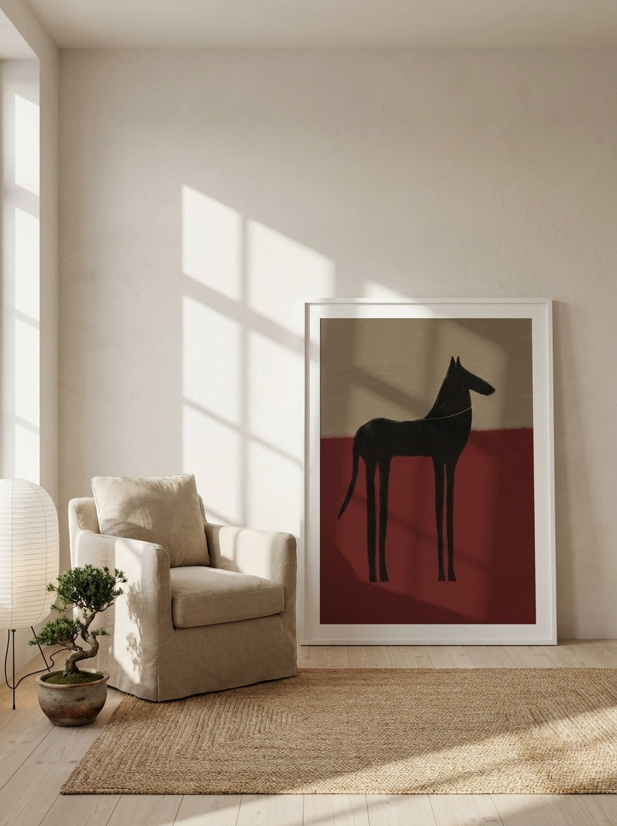 Modern wall art print leaning against the wall in a warm Japandi bedroom