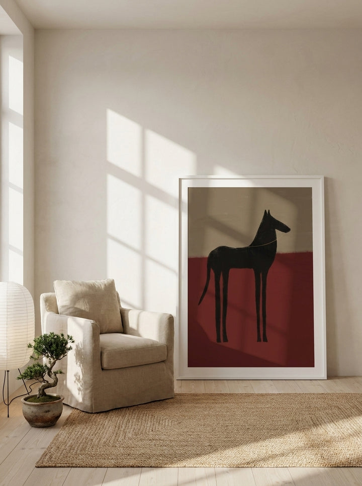 Modern wall art print leaning against the wall in a warm Japandi bedroom