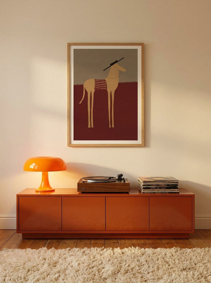 Modern wall art print styled on the wall in a retro 70s living room