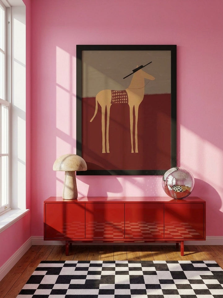 Modern wall art print styled on the wall in a colourful eclectic living room